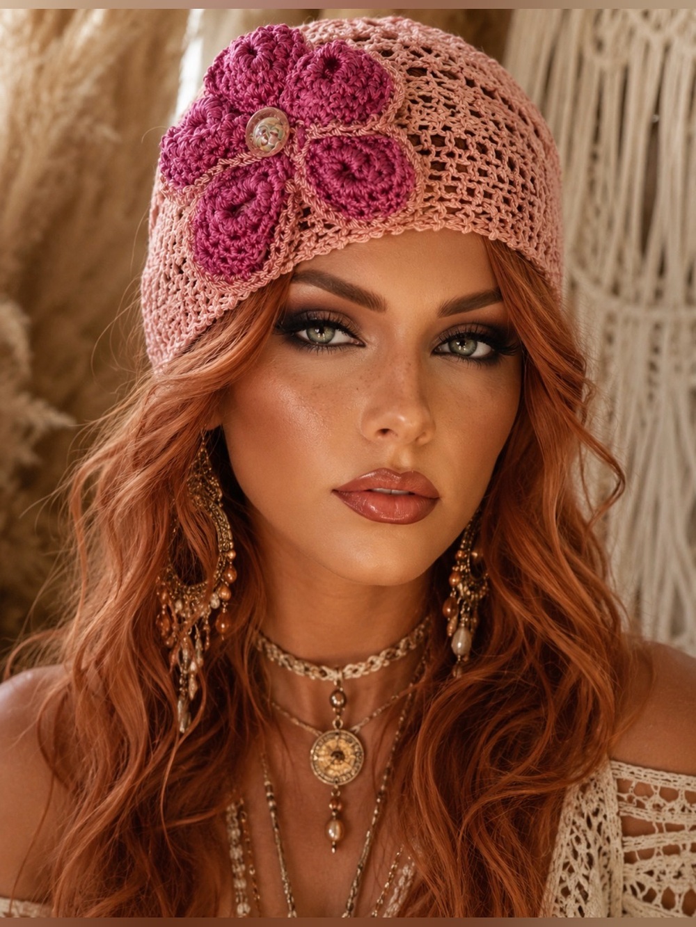 Hand Knits 2 Love Cotton Headband Flower Bead Designer Pink Gift Four Seasons
